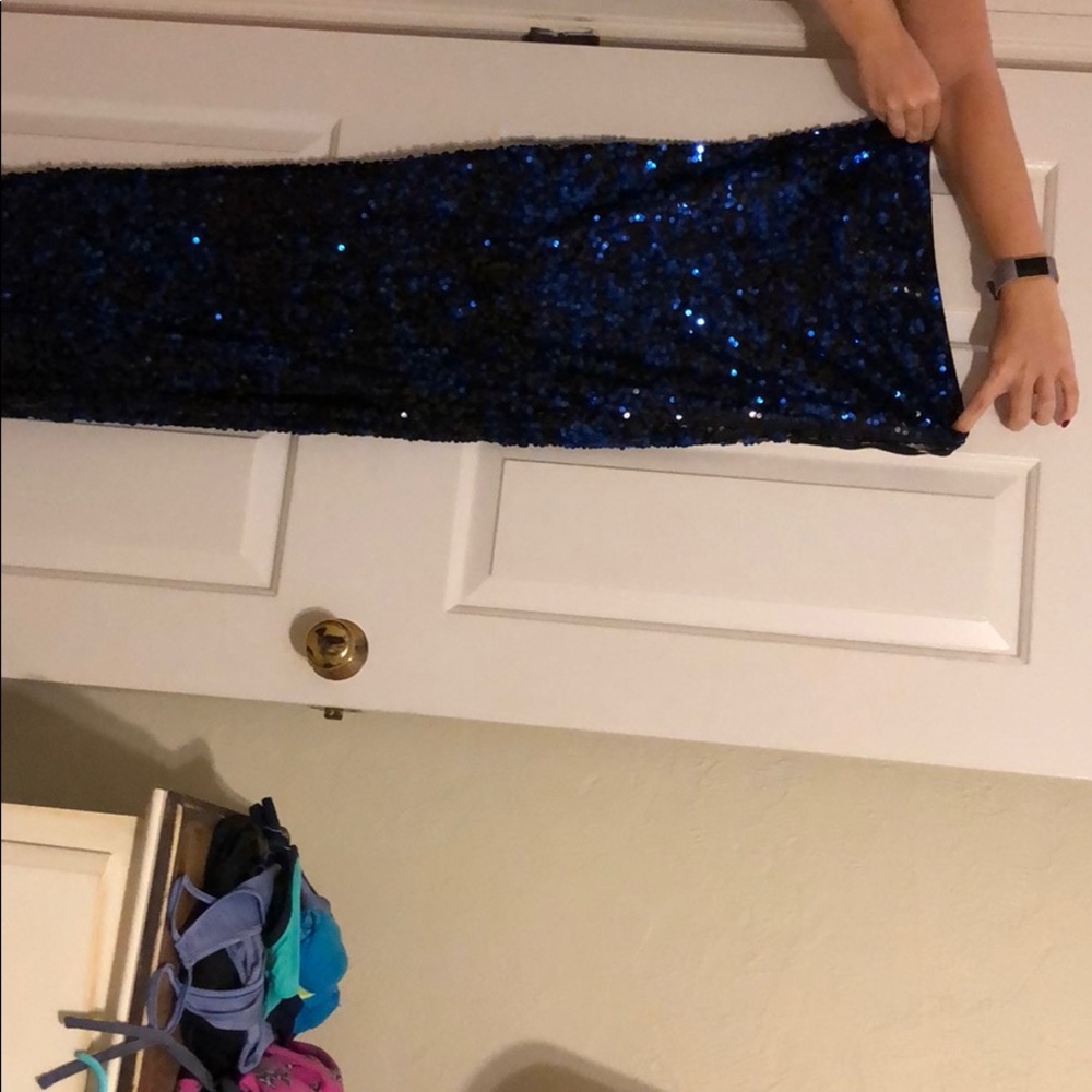 Blue sequin strapless stretchy gown